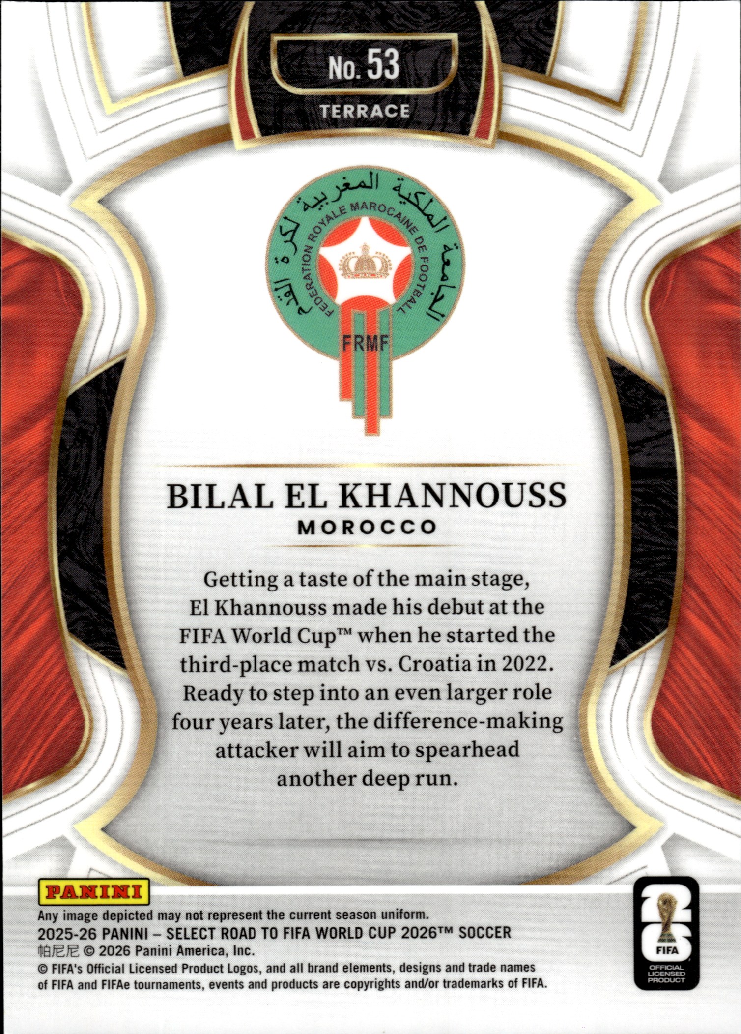 Bilal El Khannouss - Panini Select FIFA Road to World Cup Terrace 2025-26, Nr. 53