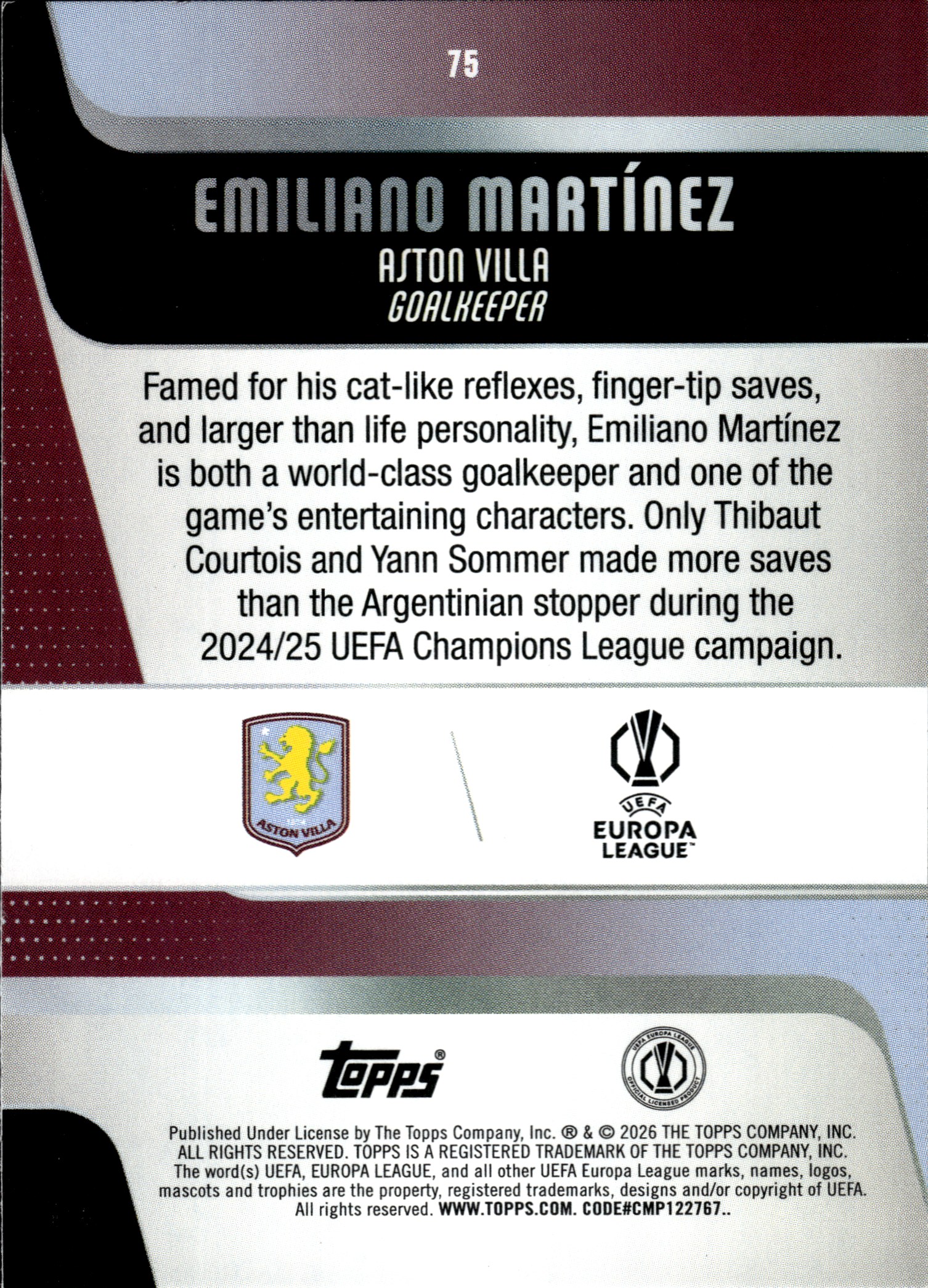 Emiliano Martínez - Topps UEFA Club Competitions Base Set 2025-26, Nr. 75 – Diamante