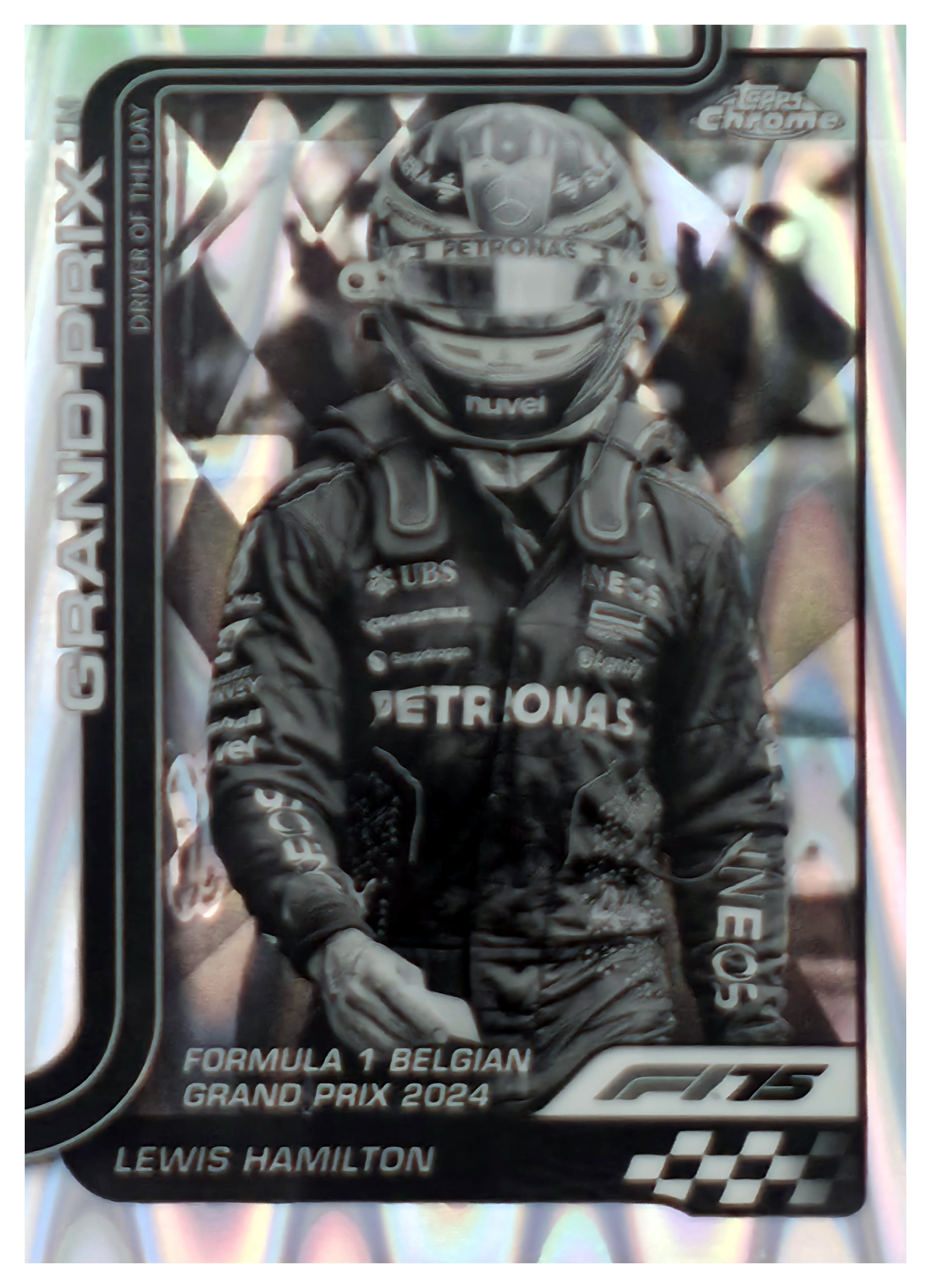 Lewis Hamilton - Topps Chrome Formula 1 Grand Prix Driver of the Day 2025, Nr. 135 – Black & White Ray Wave Refractor (Art.-Nr. SG108989)