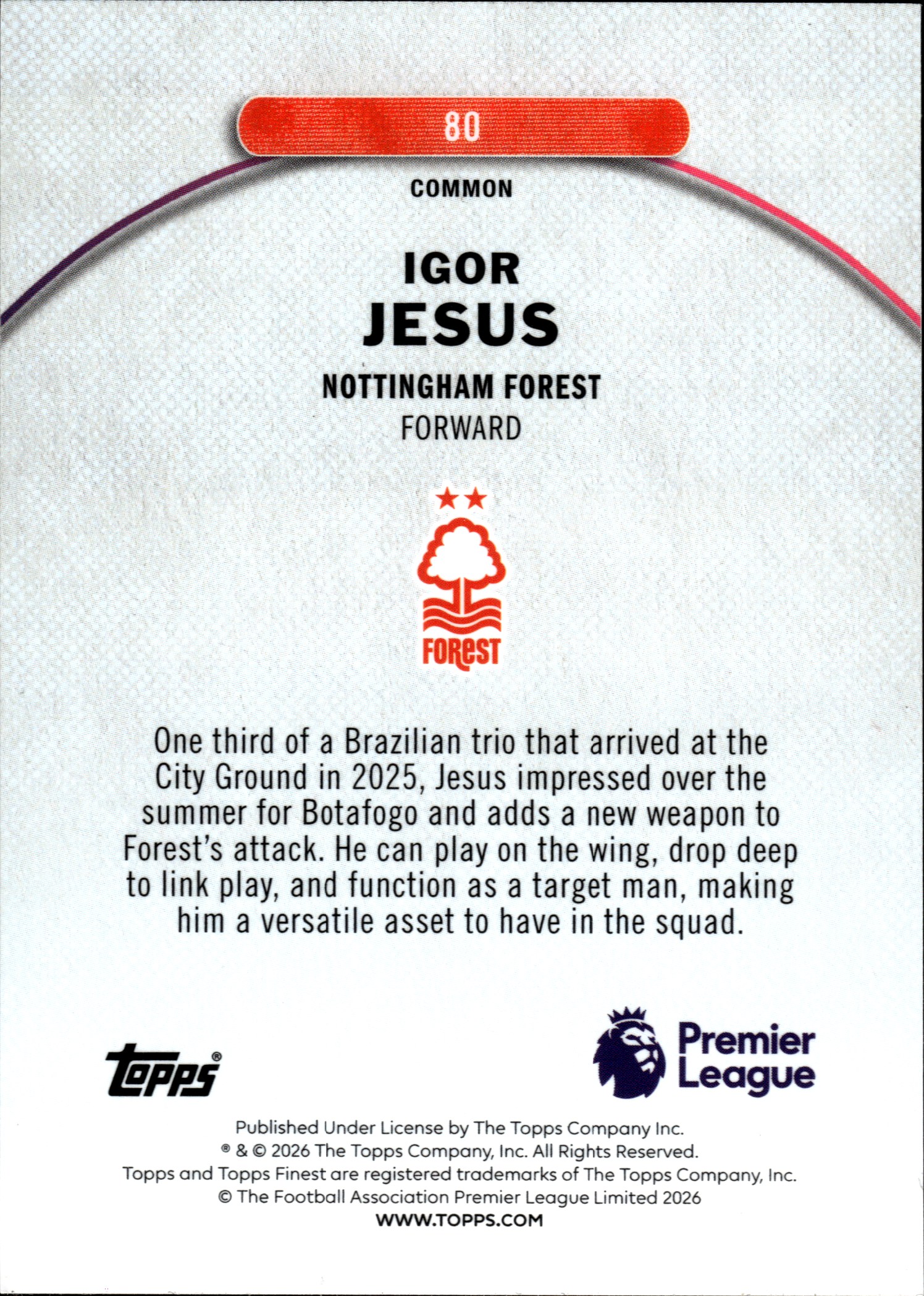 Igor Jesus - Topps Finest Premier League Base Set 2025-26, Nr. 80 – Rookie Card