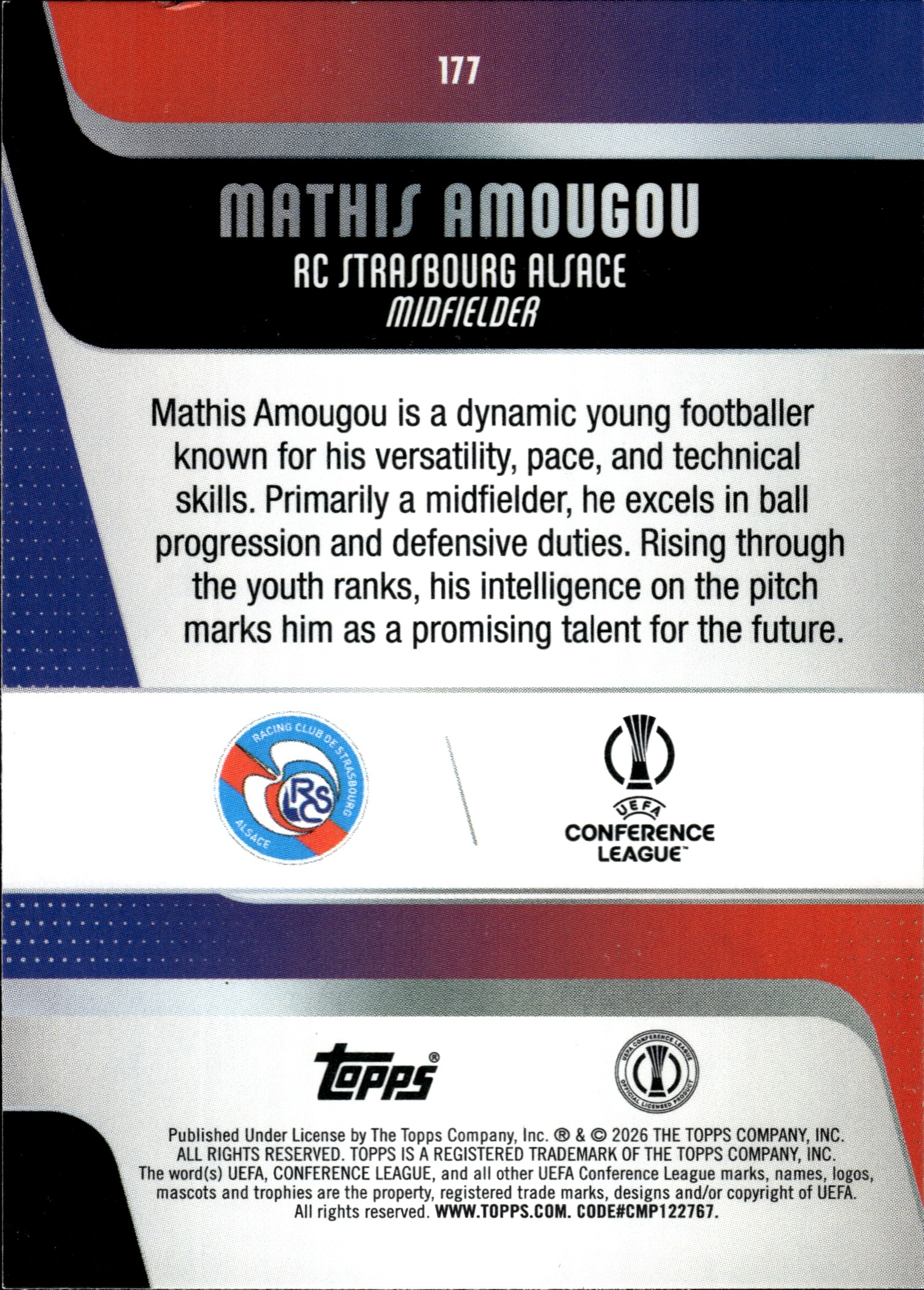 Mathis Amougou - Topps UEFA Club Competitions Base Set 2025-26, Nr. 177 – Rookie Card, Diamante