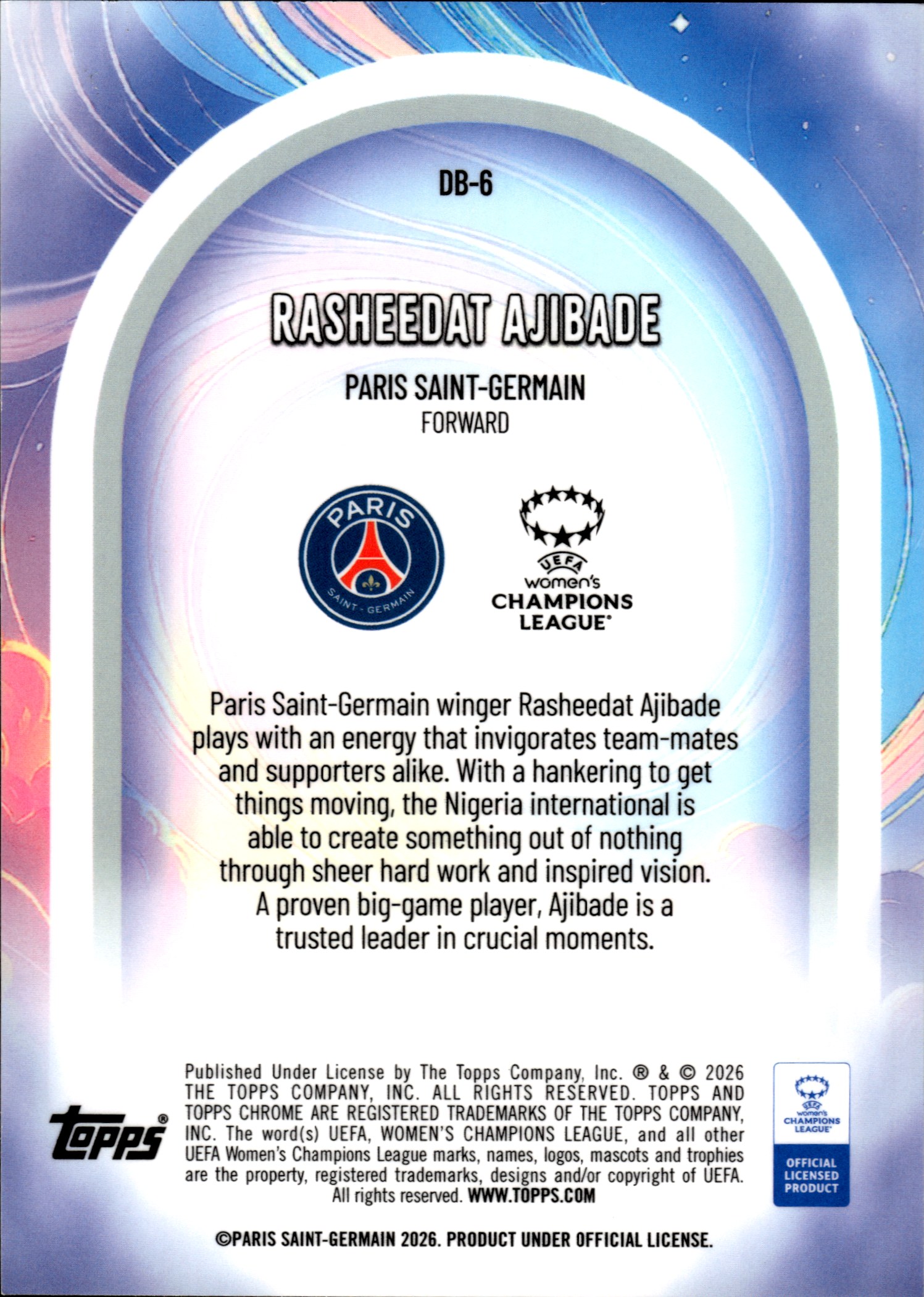 Rasheedat Ajibade - Topps Chrome UEFA Women's Champions League Dreamballer 2025-26, Nr. DB-6 – Insert