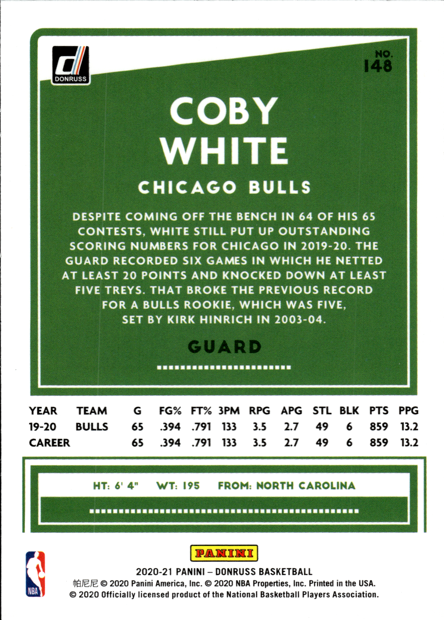 Coby White - Panini Donruss Base Set 2020-21, Nr. 148