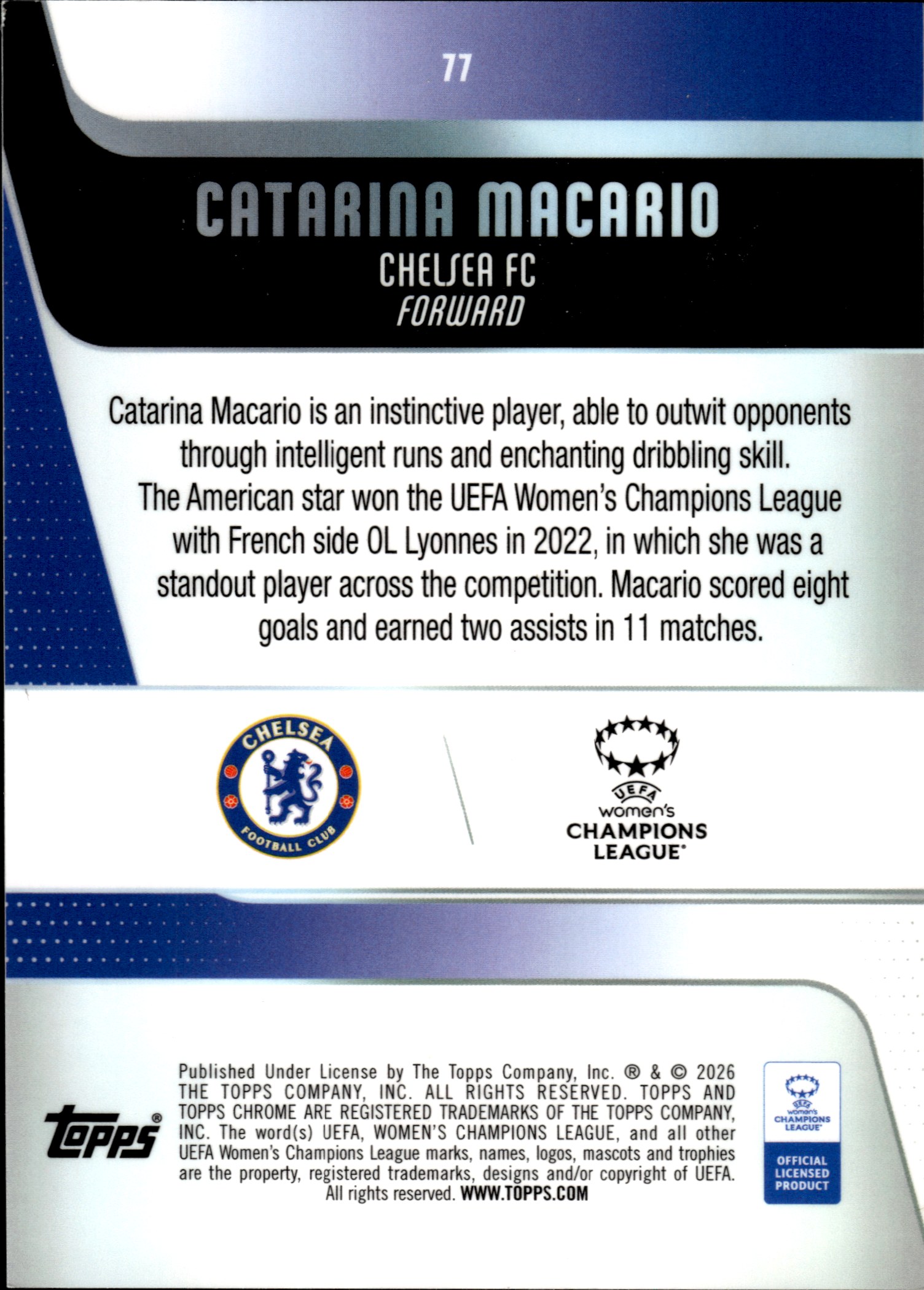 Catarina Macario - Topps Chrome UEFA Women's Champions League Base Set 2025-26, Nr. 77 – Nummeriert, Aqua Refractor