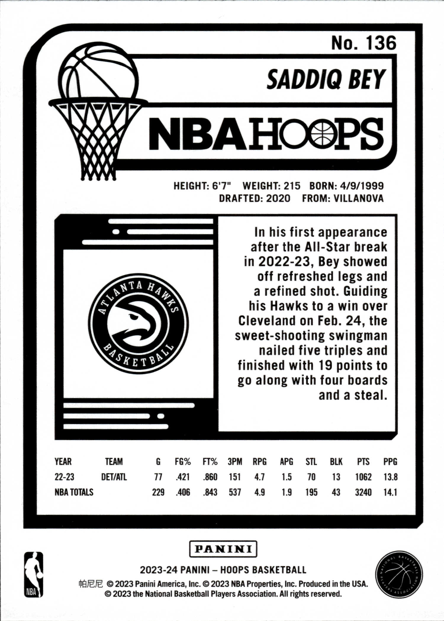 Saddiq Bey - Panini Hoops Base Set 2023-24, Nr. 136