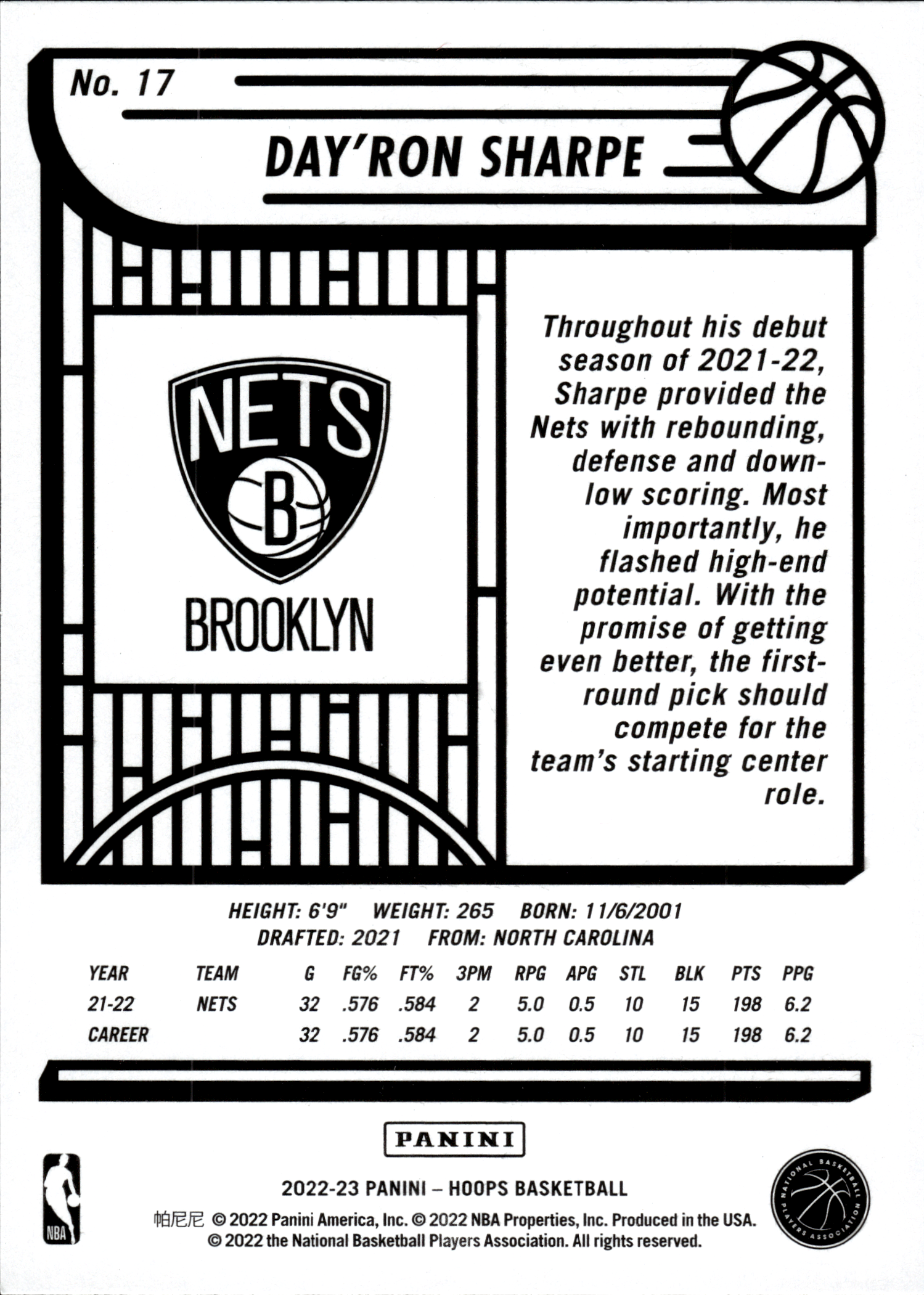 Day'Ron Sharpe - Panini Hoops Base Set 2022-23, Nr. 17