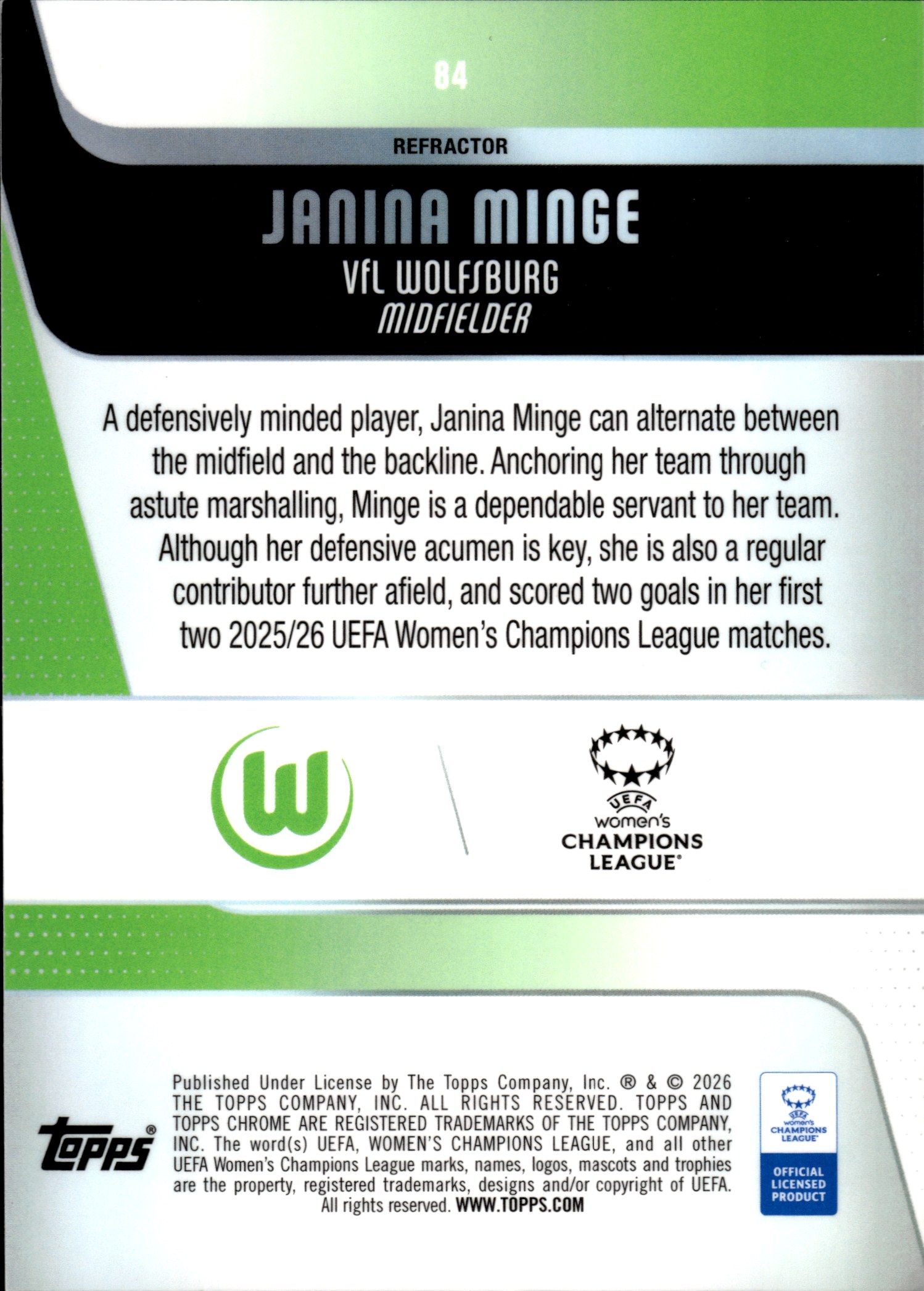 Janina Minge - Topps Chrome UEFA Women's Champions League Base Set 2025-26, Nr. 84 – Refractor