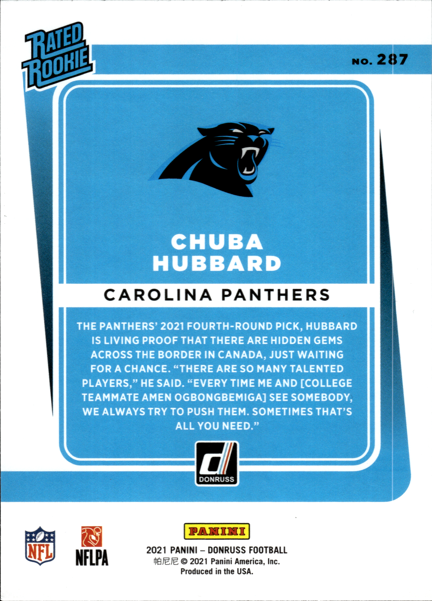 Chuba Hubbard - Panini Donruss Base Set 2021, Nr. 287 – Rookie Card