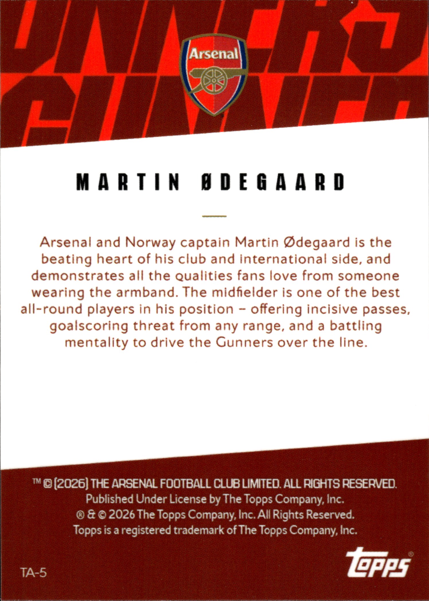 Martin Ødegaard - Topps Chrome Arsenal Team Set The Arsenal 2025-26, Nr. TA-5 – Insert