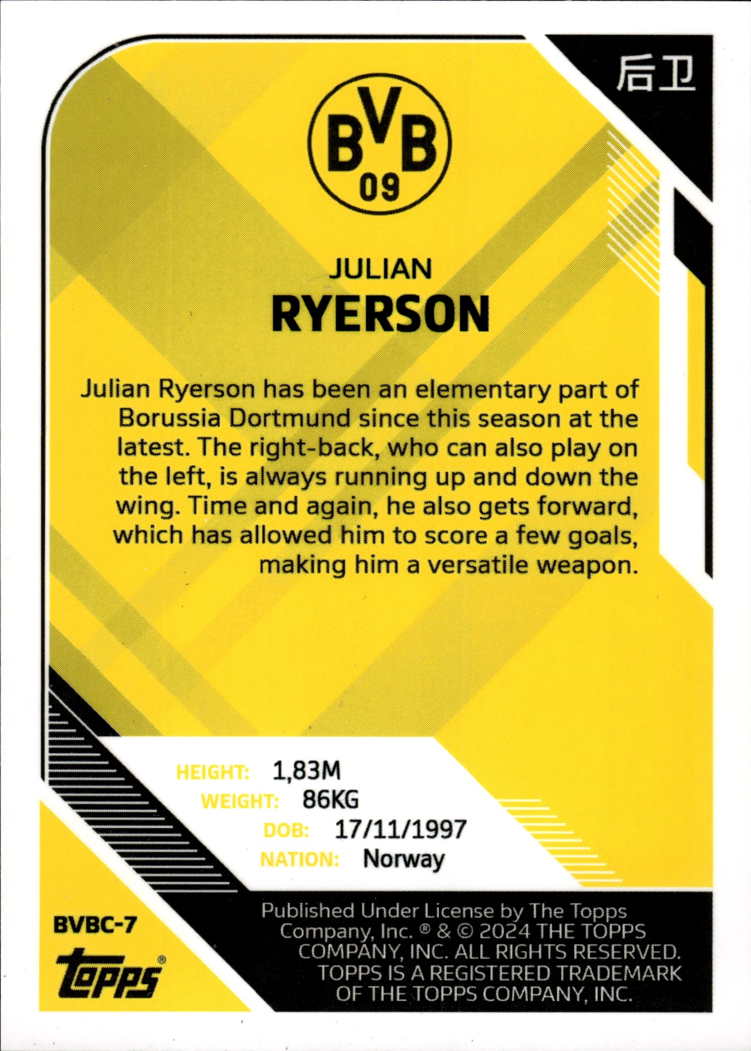 Julian Ryerson - Topps Borussia Dortmund Team Set China Edition Base Set 2023-24, Nr. BVBC-7