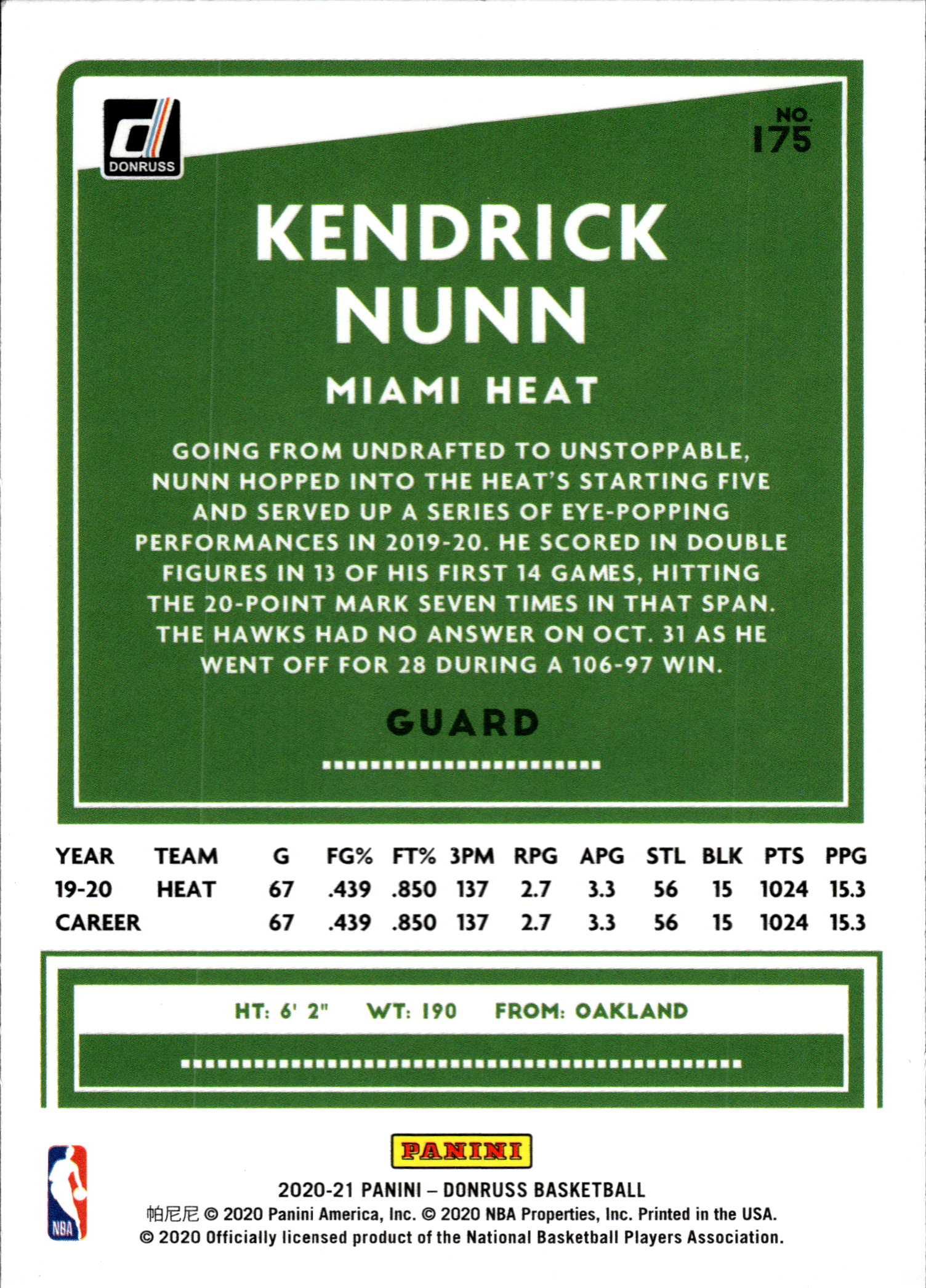 Kendrick Nunn - Panini Donruss Base Set 2020-21, Nr. 175