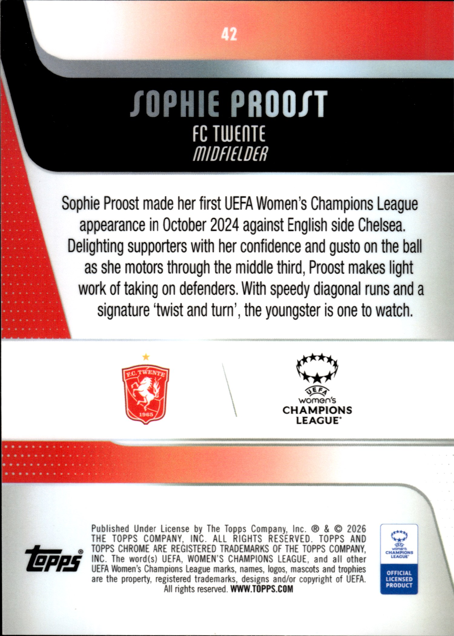 Sophie Proost - Topps Chrome UEFA Women's Champions League Base Set 2025-26, Nr. 42 – Rookie Card