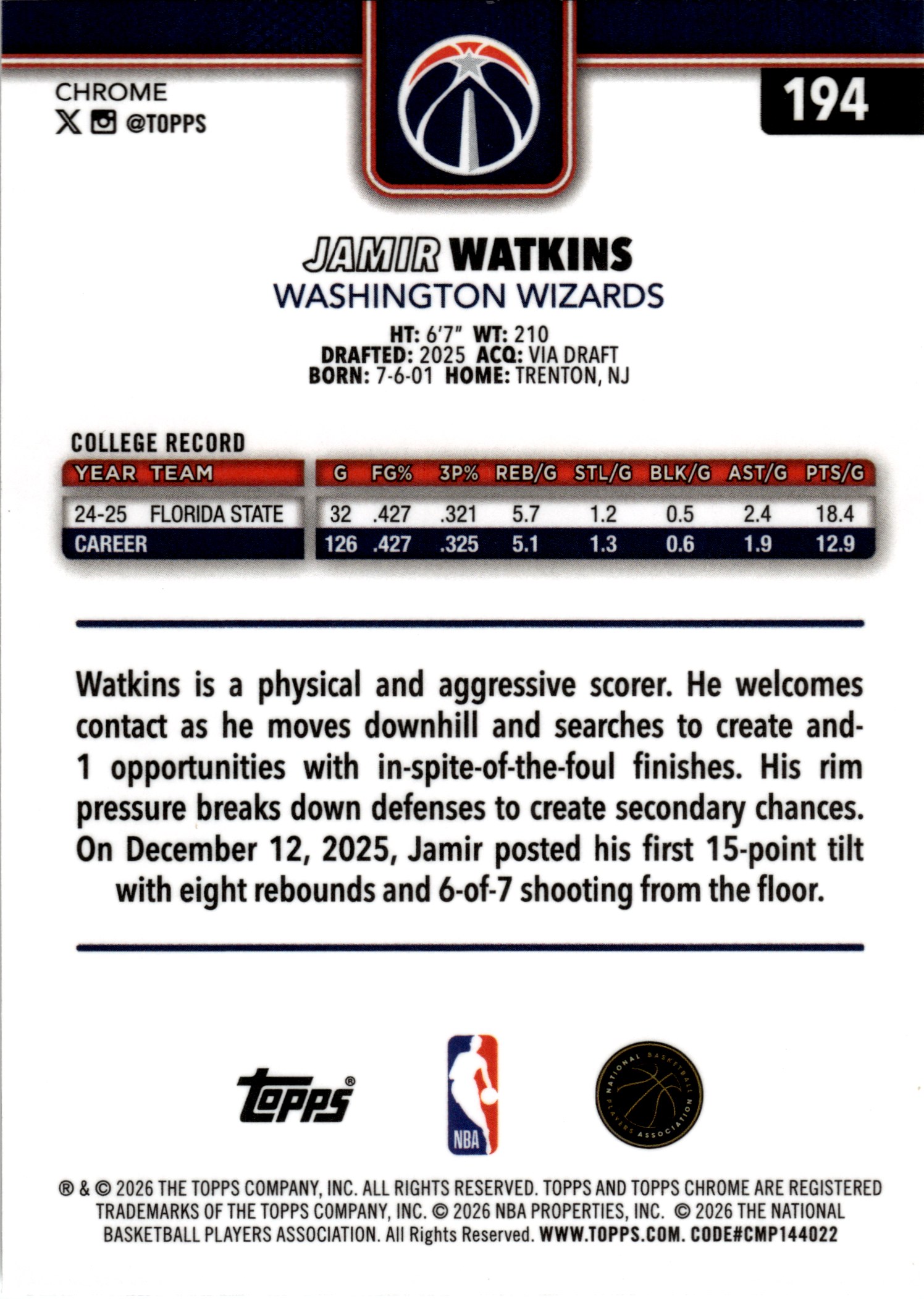 Jamir Watkins - Topps Chrome Base Set 2025-26, Nr. 194 – Rookie Card