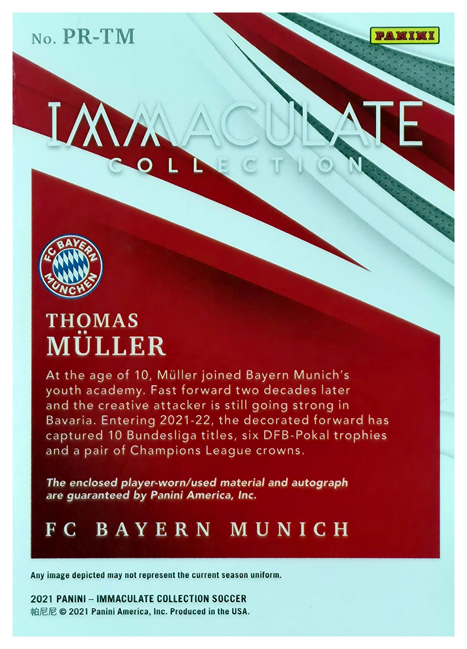 Thomas Müller - Panini Immaculate Collection Premium Swatch Autographs 2021, Nr. PR-TM – Autogramm, Patch / Memorabilia, Nummeriert, Jersey Number
