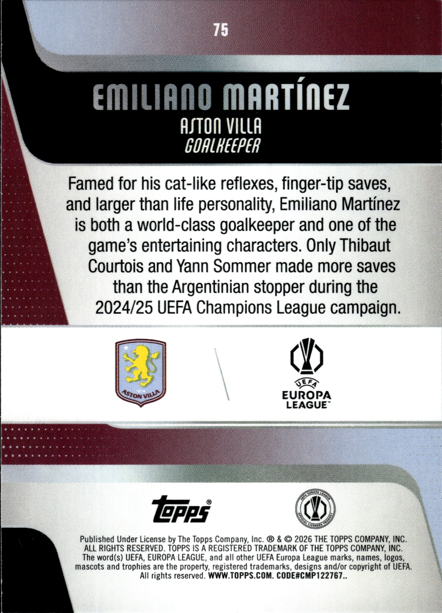 Emiliano Martínez - Topps UEFA Club Competitions Base Set 2025-26, Nr. 75 – Diamante