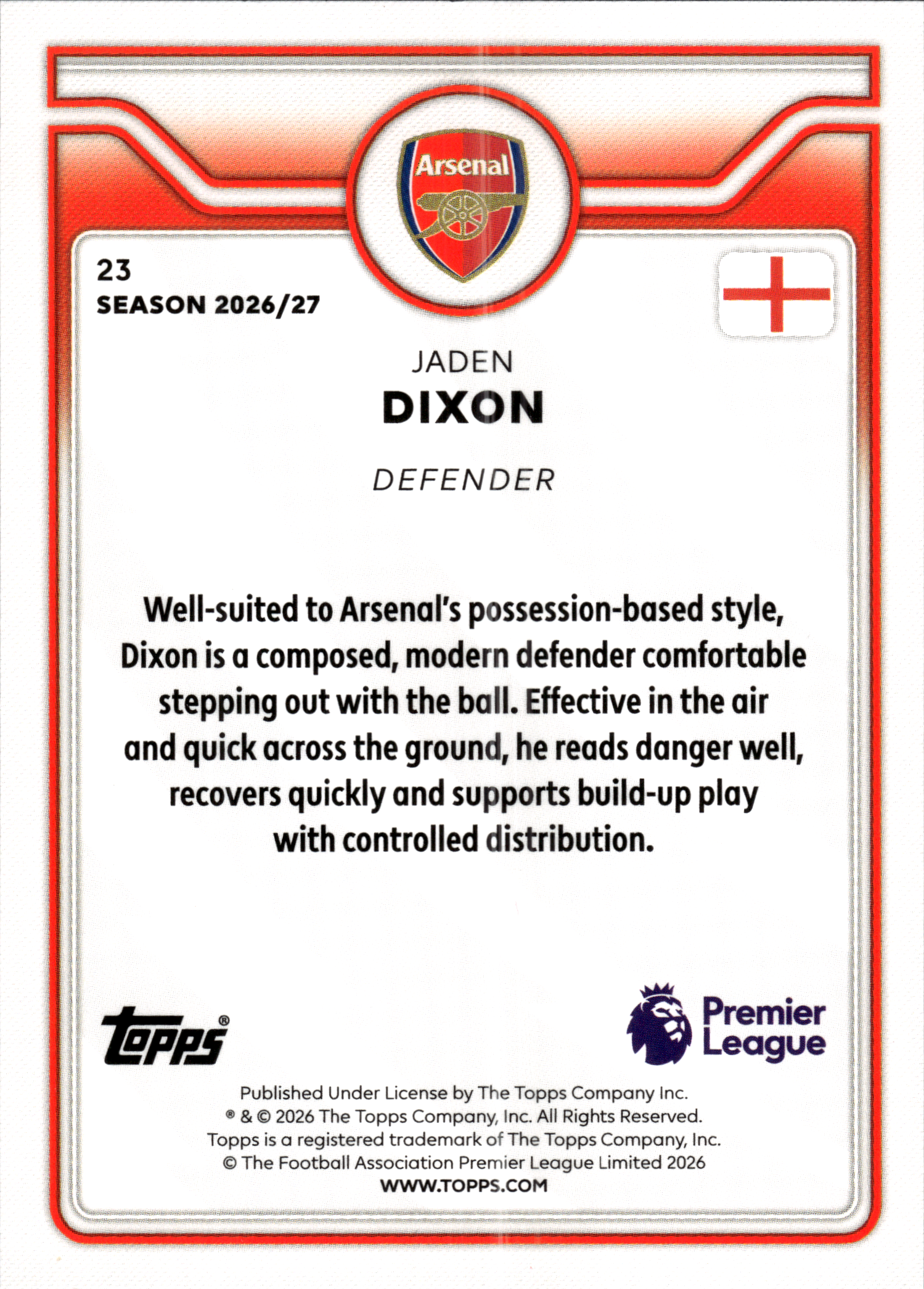 Jaden Dixon - Topps Flagship Premier League Base Set 2026-27, Nr. 23 – Rookie Card