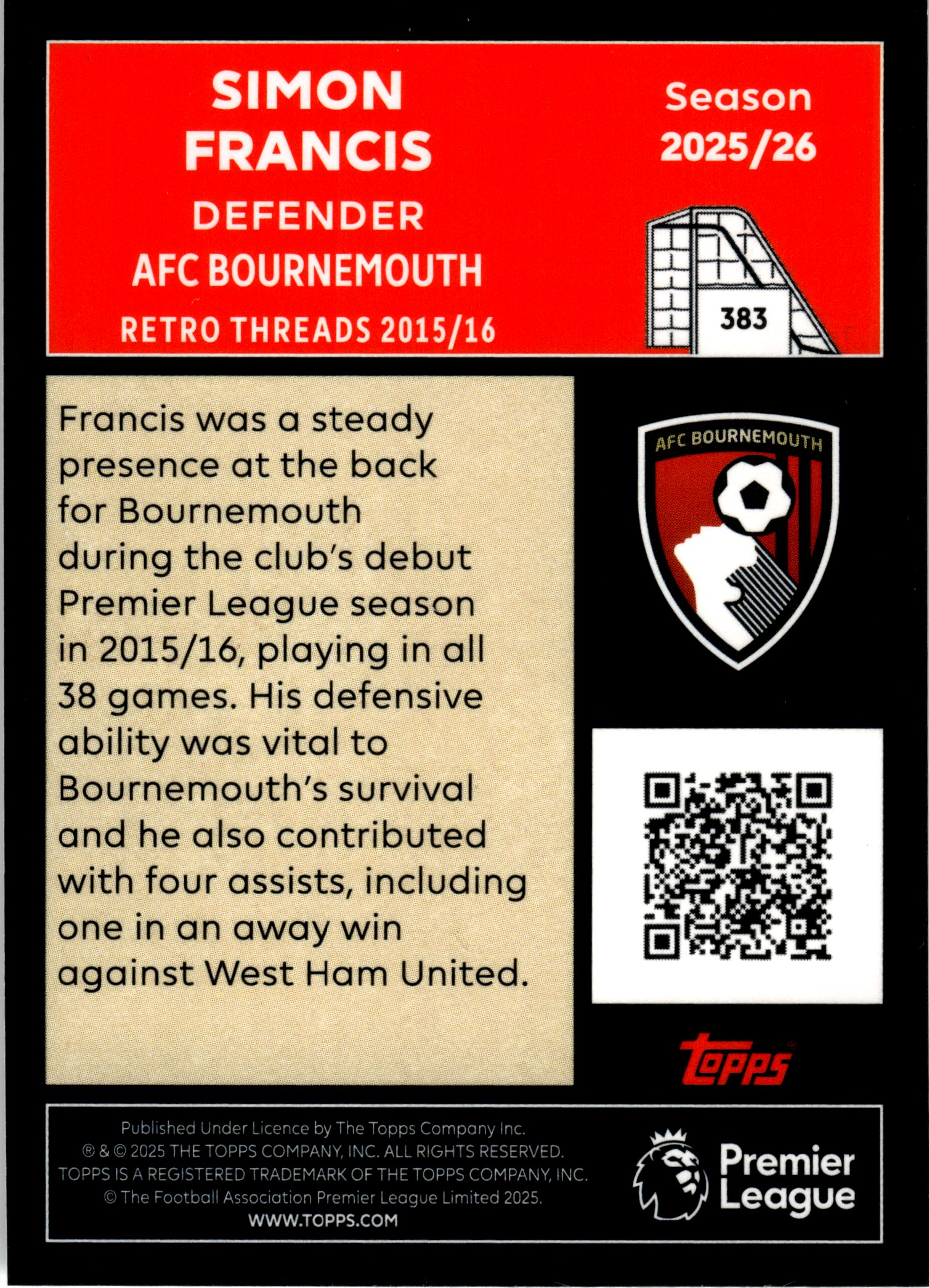 Simon Francis - Topps Match Attax Premier League Retro Threads 2025-26, Nr. 383