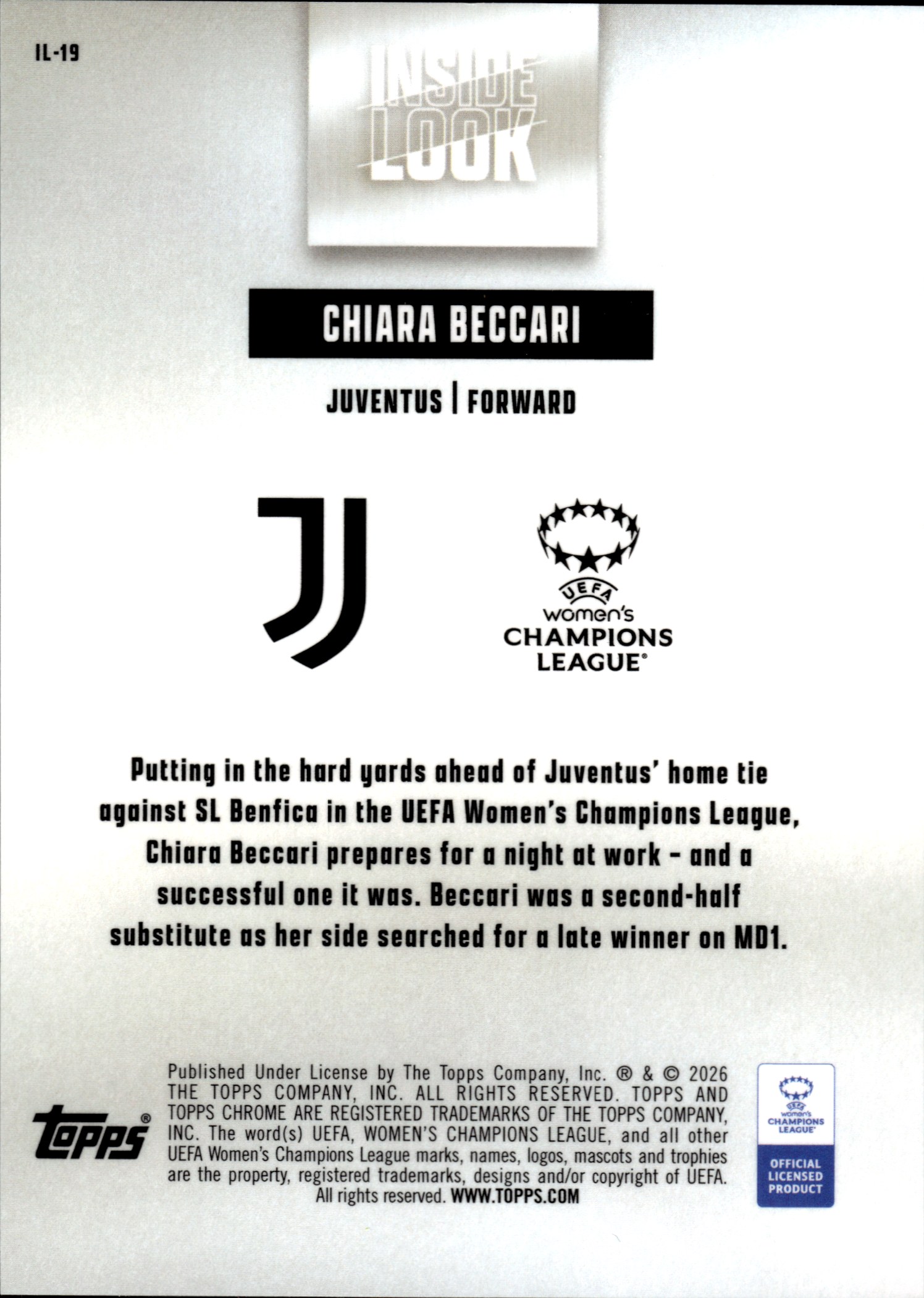Chiara Beccari - Topps Chrome UEFA Women's Champions League Inside Look 2025-26, Nr. IL-19 – Insert
