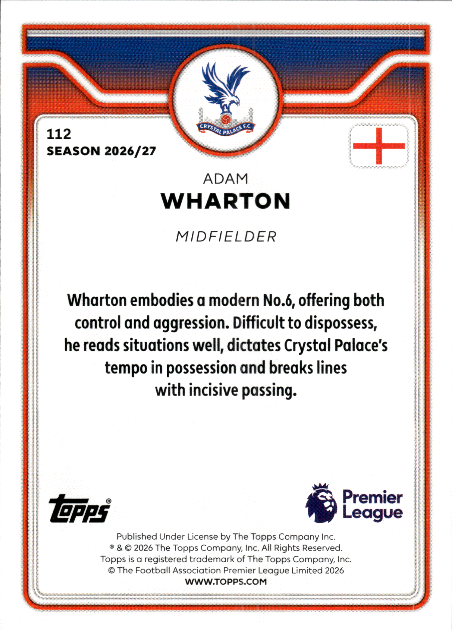 Adam Wharton - Topps Flagship Premier League Base Set 2026-27, Nr. 112