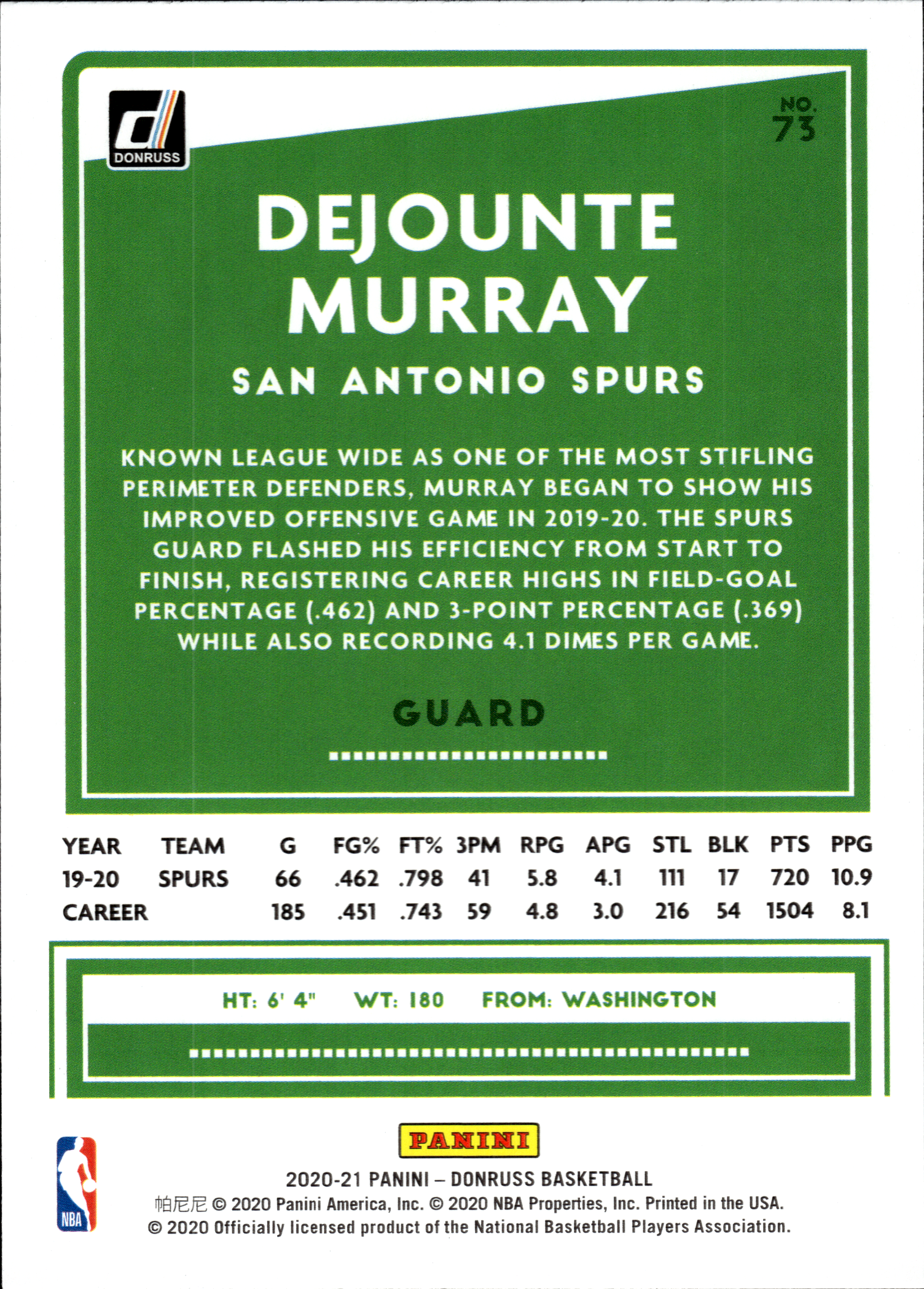Dejounte Murray - Panini Donruss Base Set 2020-21, Nr. 73