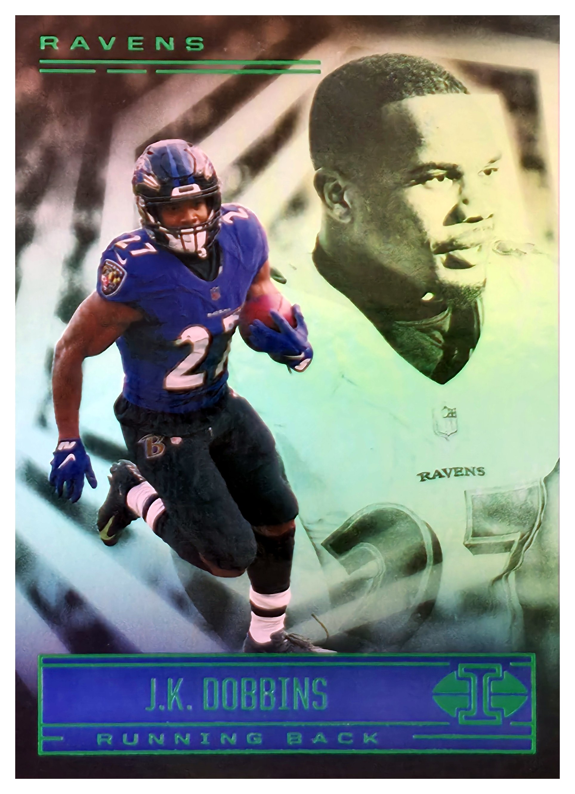 J.K. Dobbins - Panini Illusions Base Set 2021, Nr. 39 – Trophy Collection Emerald (Art.-Nr. SG106708)