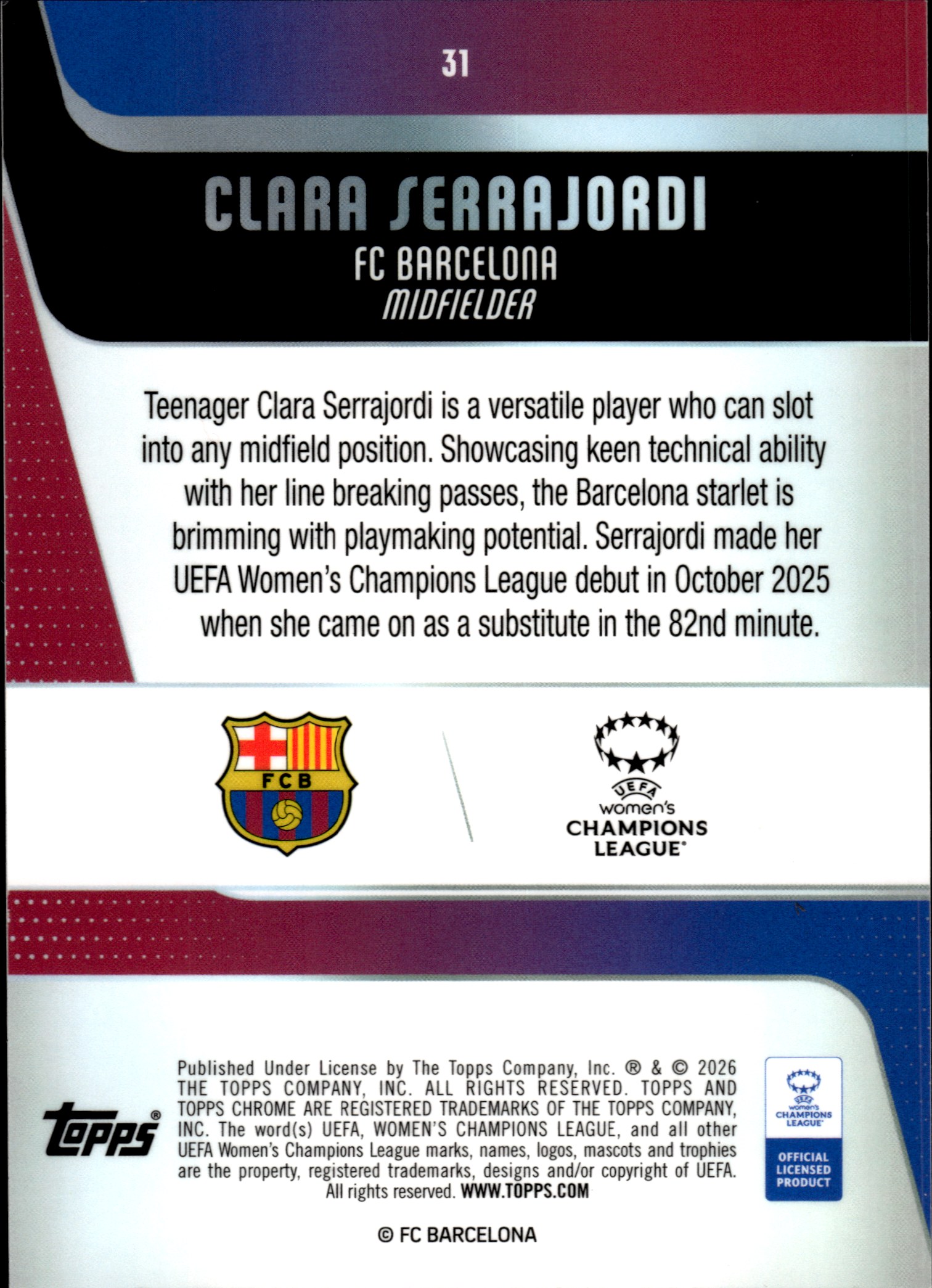 Clara Serrajordi - Topps Chrome UEFA Women's Champions League Base Set 2025-26, Nr. 31 – Rookie Card