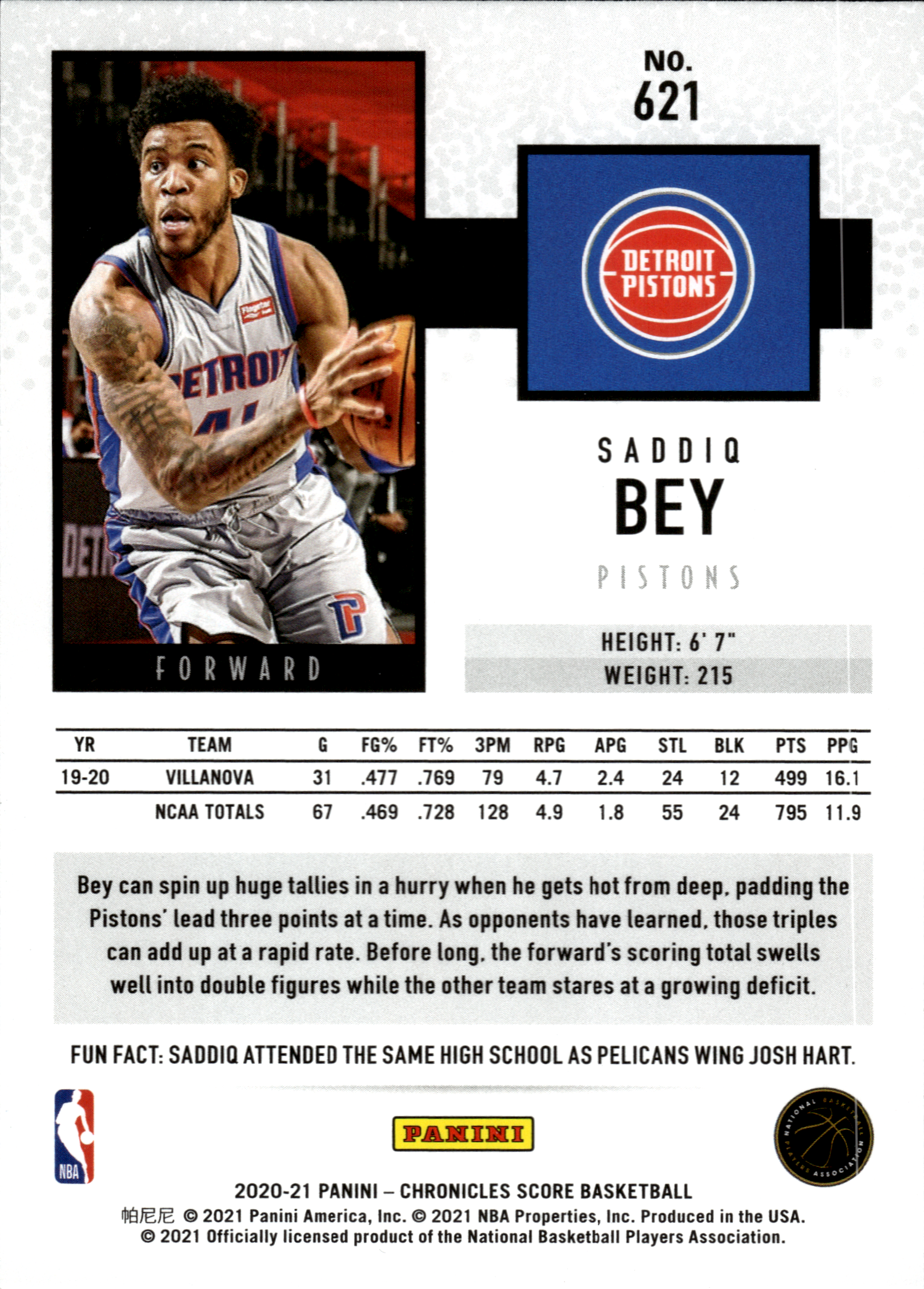 Saddiq Bey - Panini Chronicles Base Set 2020-21, Nr. 621 – Rookie Card