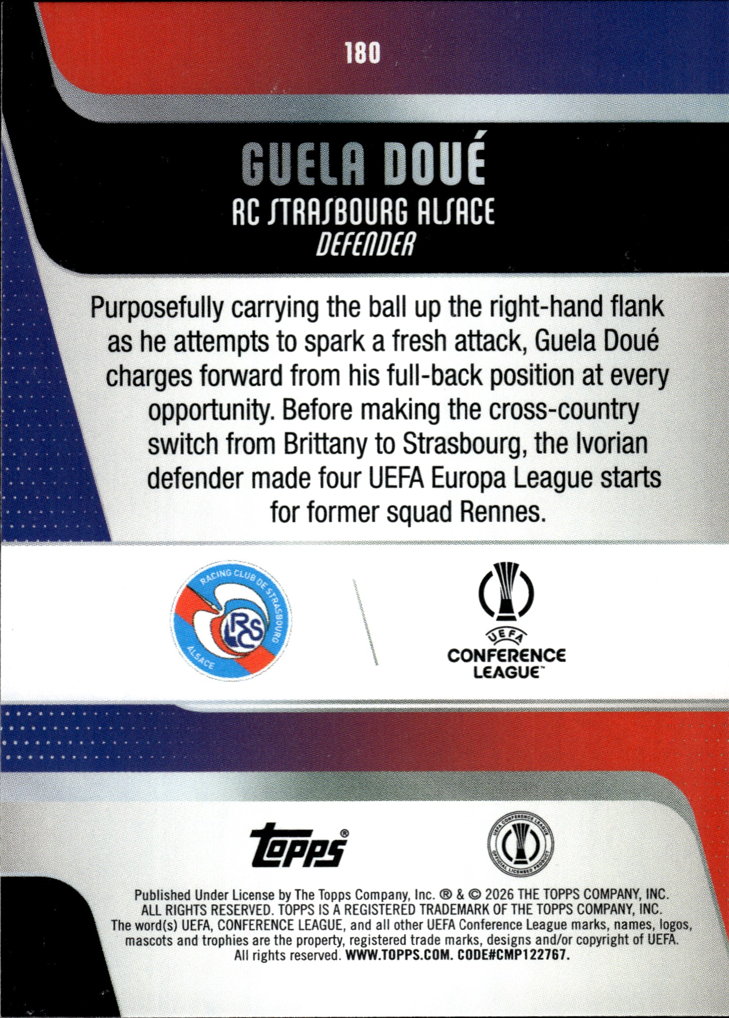 Guela Doué - Topps UEFA Club Competitions Base Set 2025-26, Nr. 180 – Rookie Card, Diamante