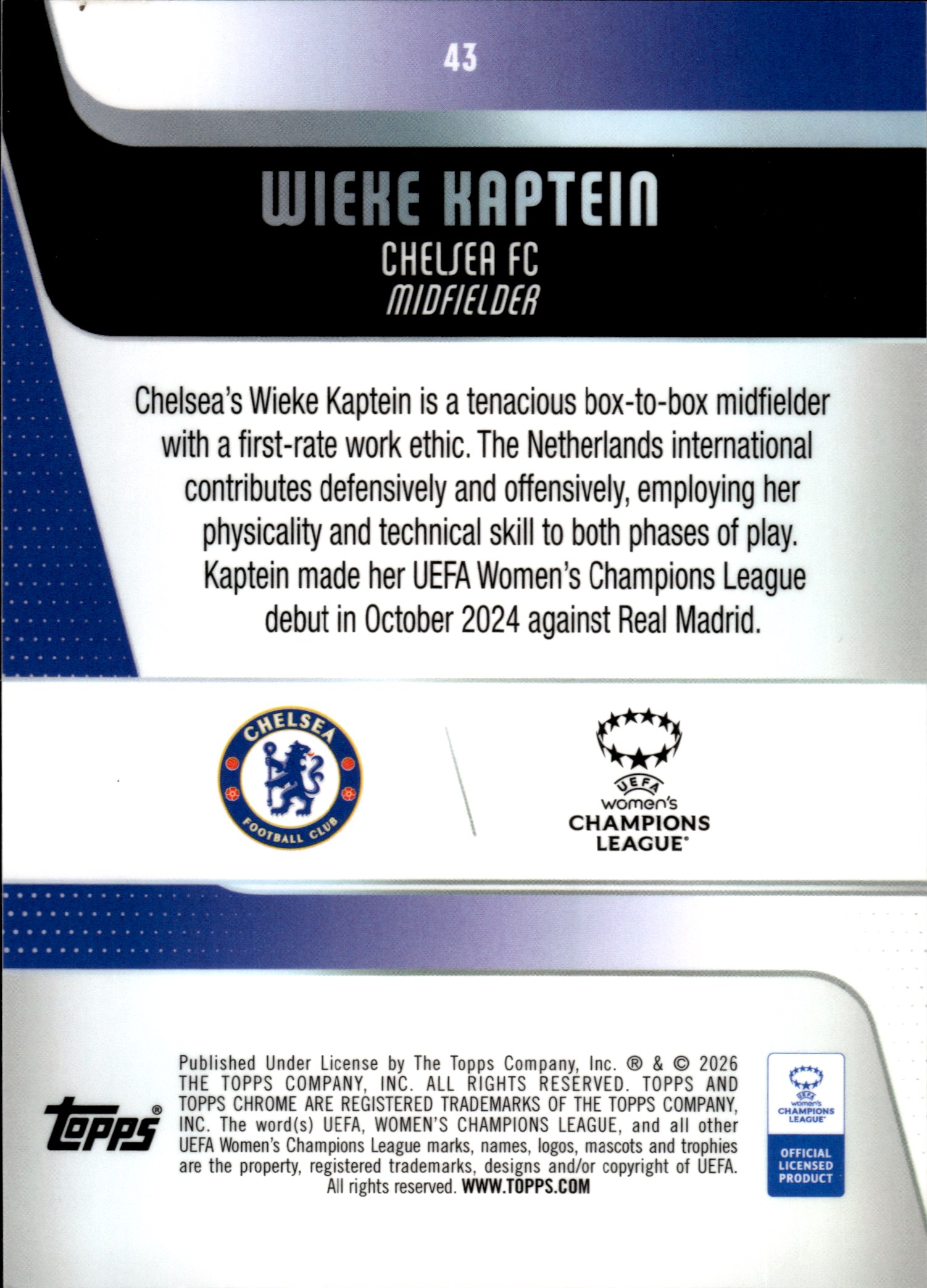 Wieke Kaptein - Topps Chrome UEFA Women's Champions League Future Stars 2025-26, Nr. 43 – Insert