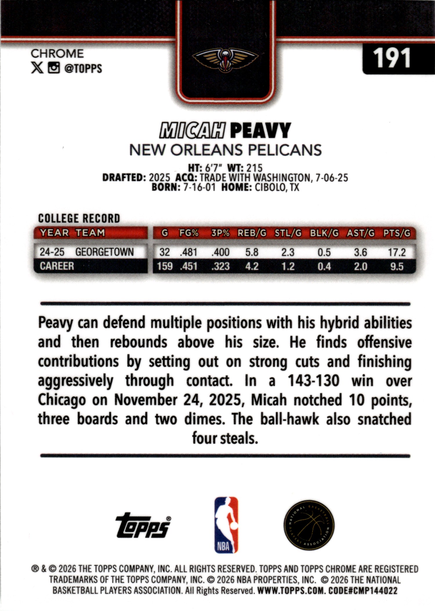 Micah Peavy - Topps Chrome Base Set 2025-26, Nr. 191 – Rookie Card