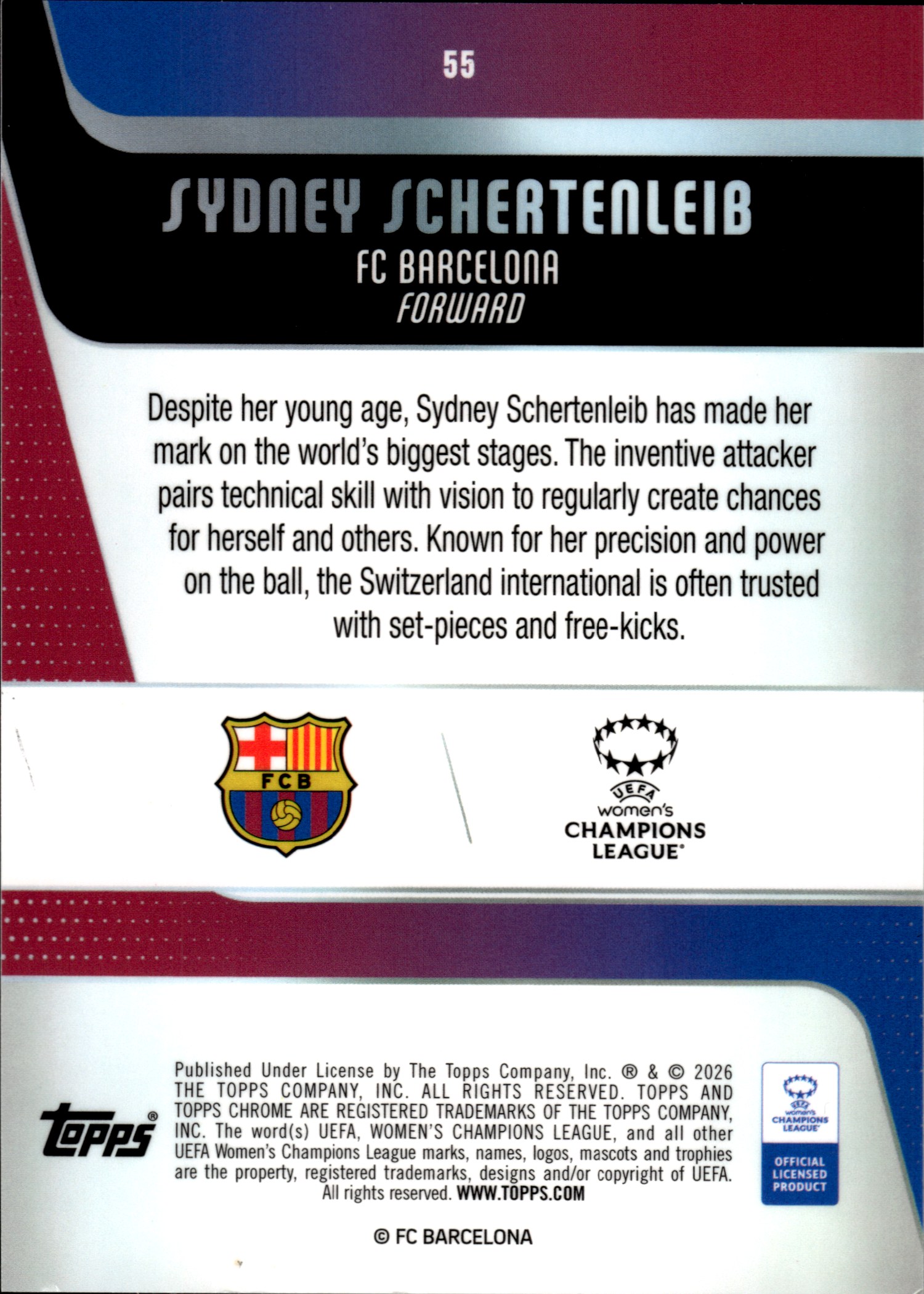 Sydney Schertenleib - Topps Chrome UEFA Women's Champions League Future Stars 2025-26, Nr. 55 – RayWave Refractor, Insert