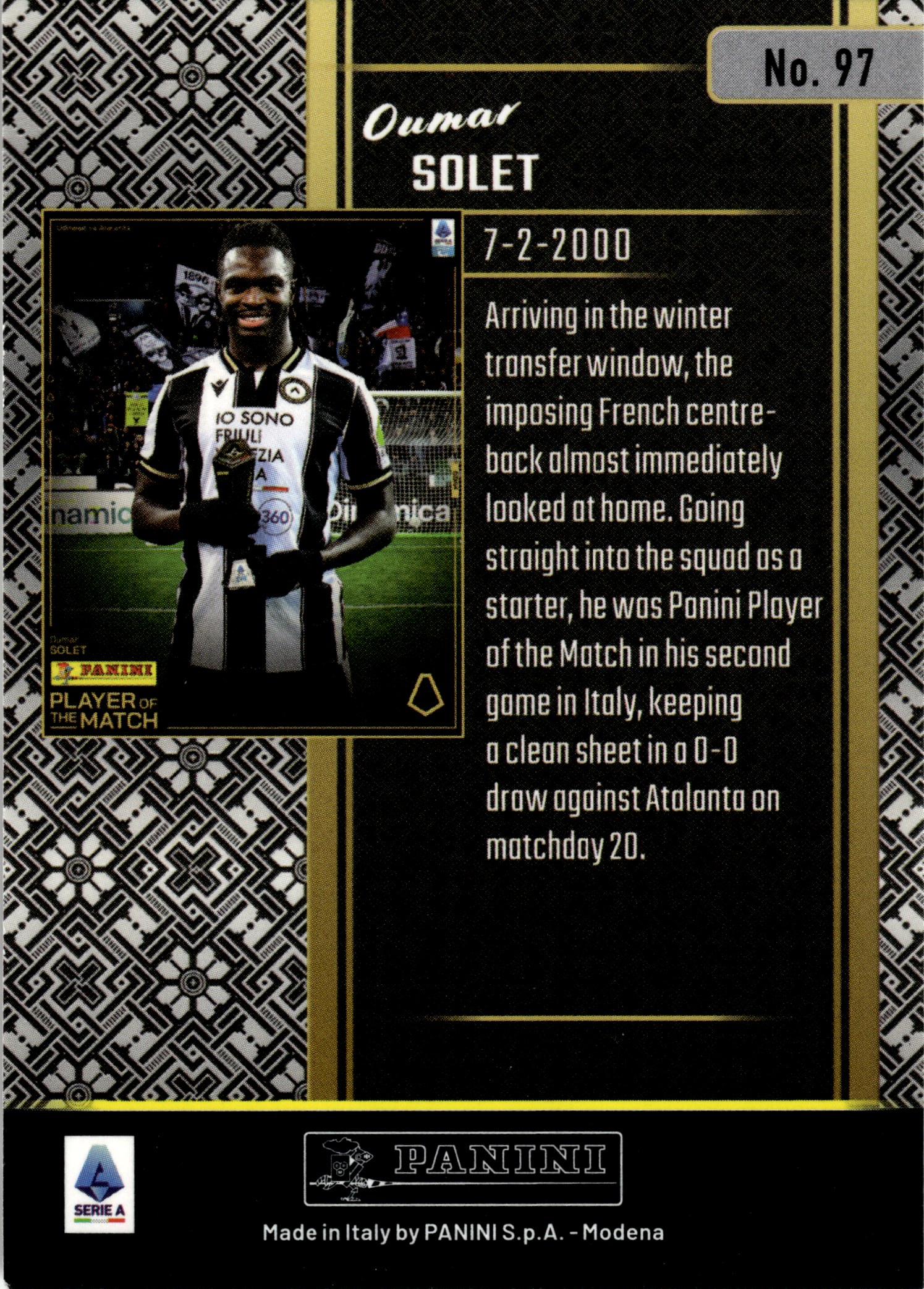 Oumar Solet - Panini Player of the Match Base Set 2024-25, Nr. 97 – Rookie Card