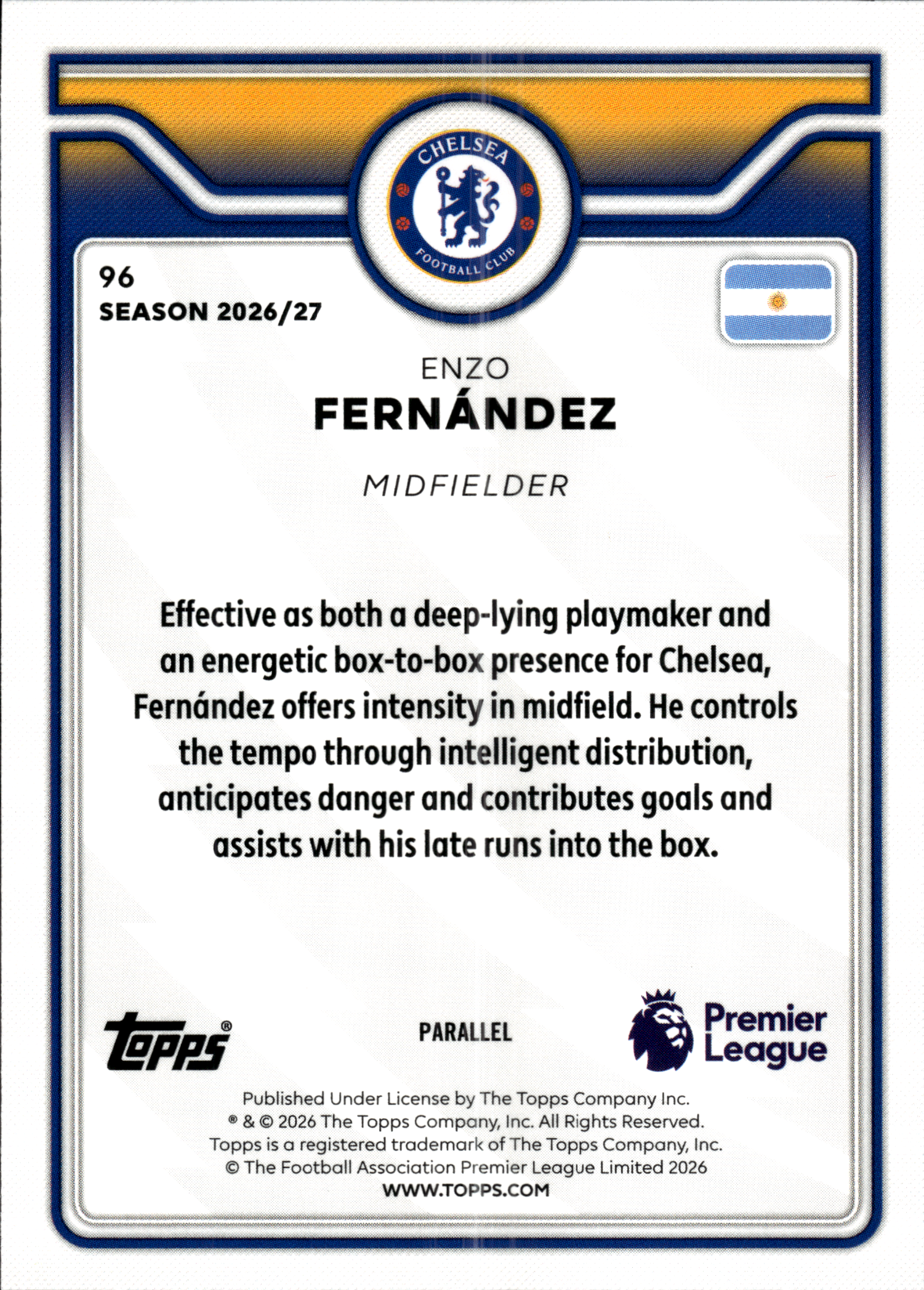 Enzo Fernández - Topps Flagship Premier League Base Set 2026-27, Nr. 96 – Numeriert, Green Mini Diamond Parallel