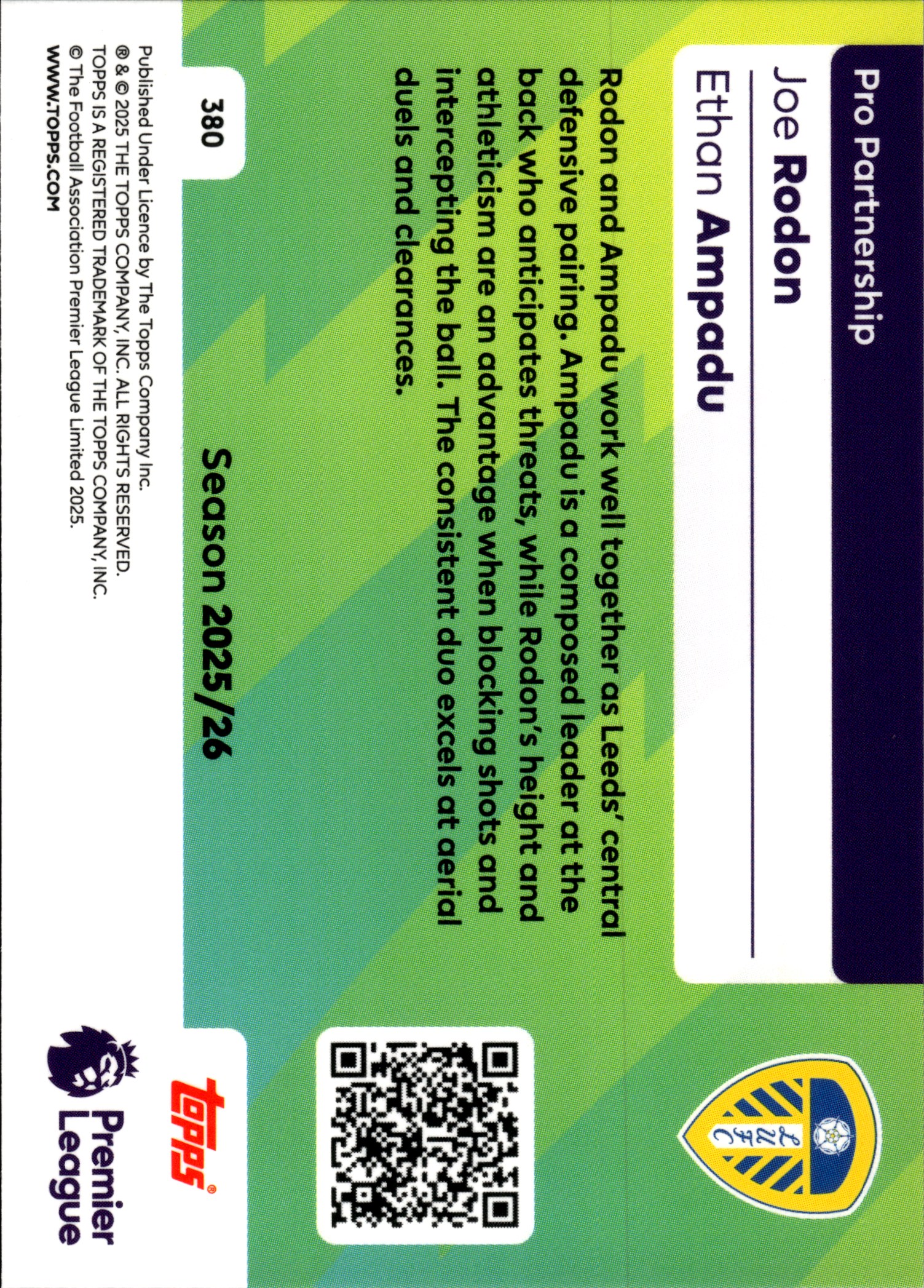 Joe Rodon & Ethan Ampadu - Topps Match Attax Premier League Pro Partnership 2025-26, Nr. 380