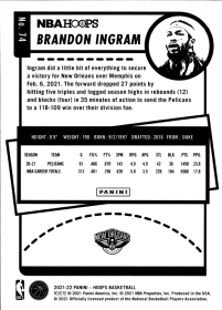 Brandon Ingram - Panini Hoops Base Set 2021-22, Nr. 74