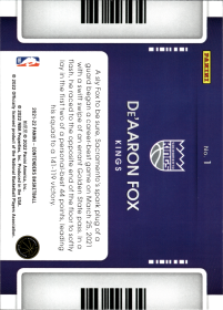 De'Aaron Fox - Panini Contenders Game Night Ticket 2021-22, Nr. 1