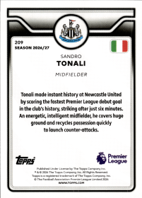 Sandro Tonali - Topps Flagship Premier League Base Set 2026-27, Nr. 209