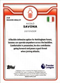 Nicolò Savona - Topps Flagship Premier League Base Set 2026-27, Nr. 218