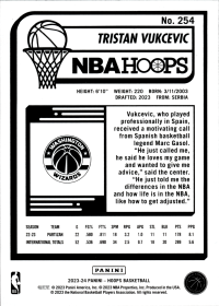 Tristan Vukcevic - Panini Hoops Base Set 2023-24, Nr. 254 – Rookie Card