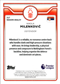 Nikola Milenković - Topps Flagship Premier League Base Set 2026-27, Nr. 217