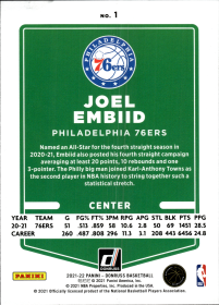 Joel Embiid - Panini Donruss Base Set 2021-22, Nr. 1