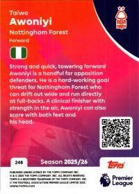 Taiwo Awoniyi - Topps Match Attax Premier League Base Set 2025-26, Nr. 248