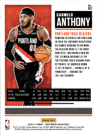 Carmelo Anthony - Panini Contenders Season Ticket 2020-21, Nr. 92