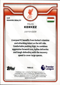 Milos Kerkez - Topps Flagship Premier League Base Set 2026-27, Nr. 163 – Premier League Parallel