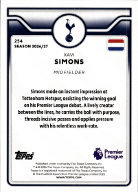 Xavi Simons - Topps Flagship Premier League Base Set 2026-27, Nr. 254