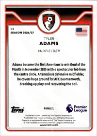 Tyler Adams - Topps Flagship Premier League Base Set 2026-27, Nr. 52 – Blue Voltage Parallel