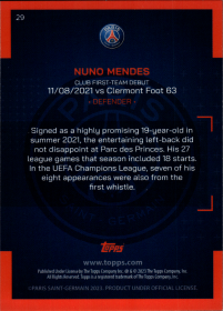 Nuno Mendes - Topps Paris Saint-Germain Official Team Set 2023-24, Nr. 29