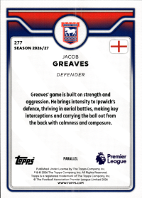 Jacob Greaves - Topps Flagship Premier League Base Set 2026-27, Nr. 277 – Purple Voltage Parallel