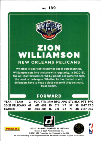 Zion Williamson - Panini Donruss Base Set 2021-22, Nr. 189