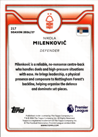 Nikola Milenković - Topps Flagship Premier League Base Set 2026-27, Nr. 217